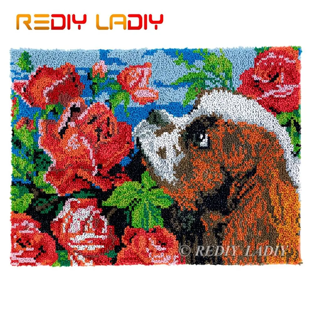 

Latch Hook Rug Dog & Flowers Chunky Yarn Tapestry Kits Crocheting Cushion Mat DIY Carpet Rug Needlepoint Hobby & Crafts 81*61cm