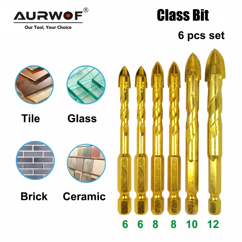 

6pcs 1/4" Hex Shank Twist Glass Bits Titanium Ceramic Drilling Drill Set 6 8 10 12mm Tile Concrete Cross Tip Hole Bit Tile 02018