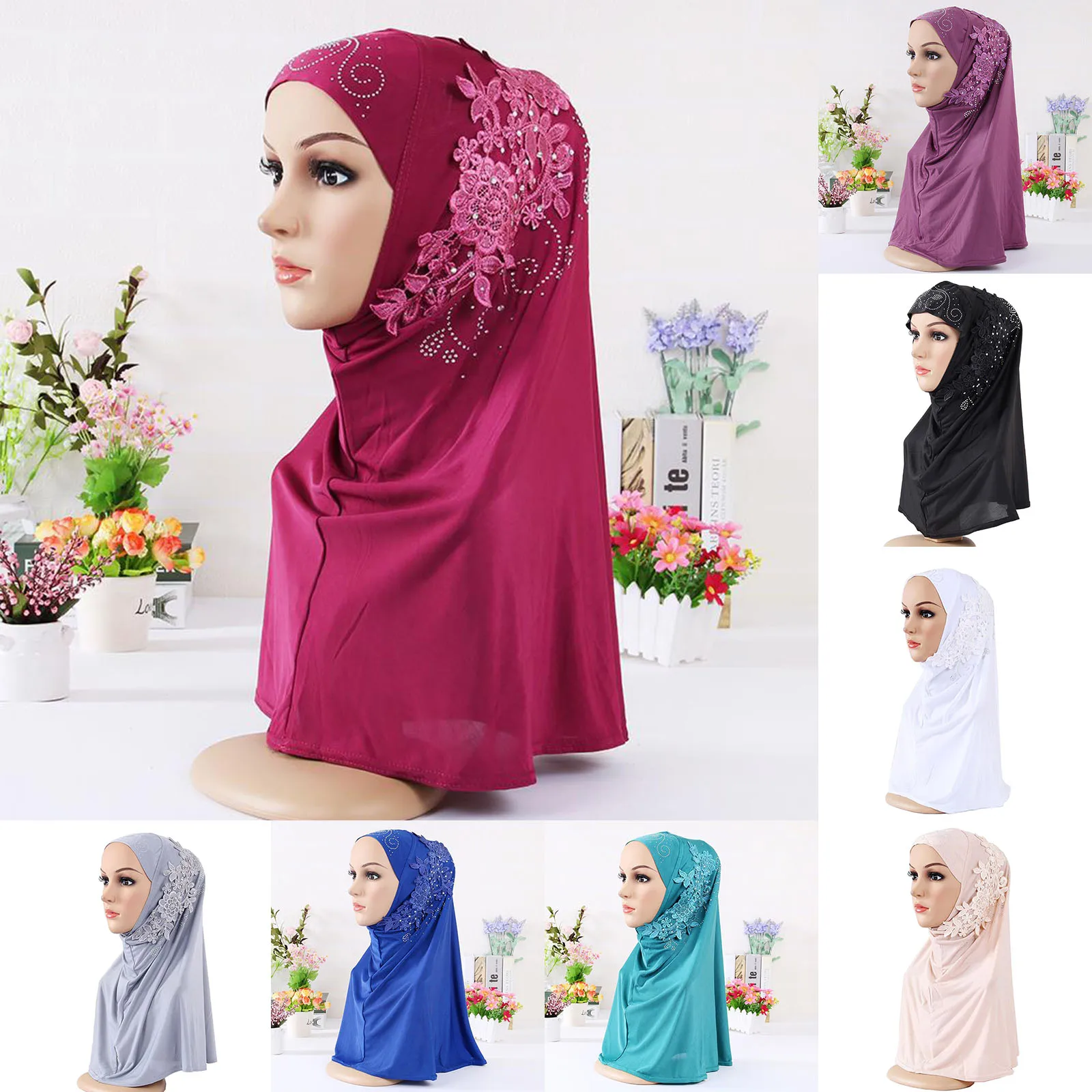 

Ladies Hijab with Lace Rhinestone Turban Bonnet Islamic Scarf Shawl Headscarf Hat Ramadan Gift Women's Hair Accessories Headwear