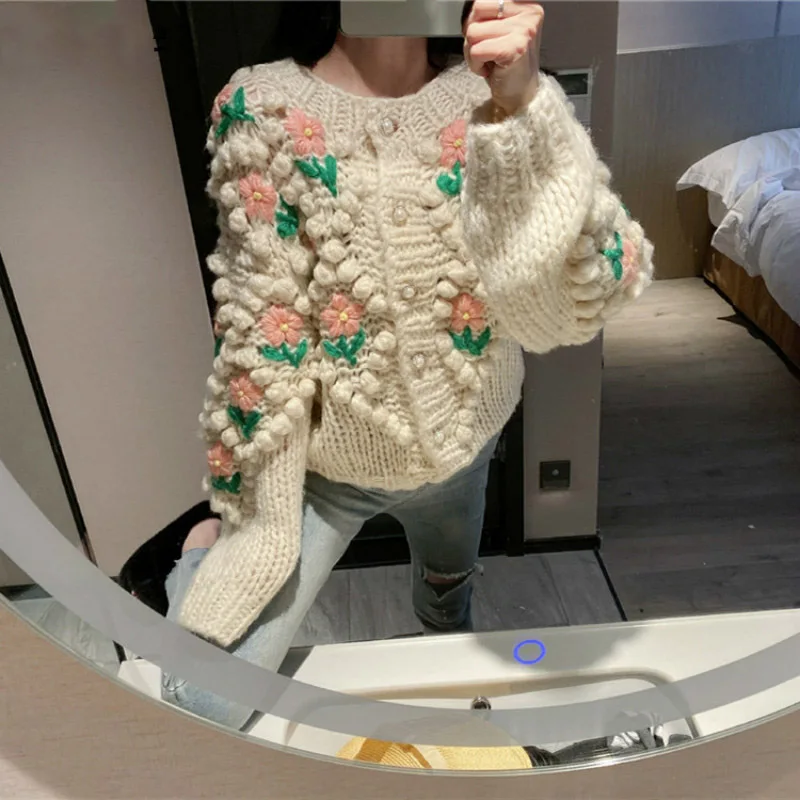 

2020 Модный Новый женский свитер кардиган с объемными цветами трикотажная куртка однобортное Повседневное трикотажное пальто с длинным рука...