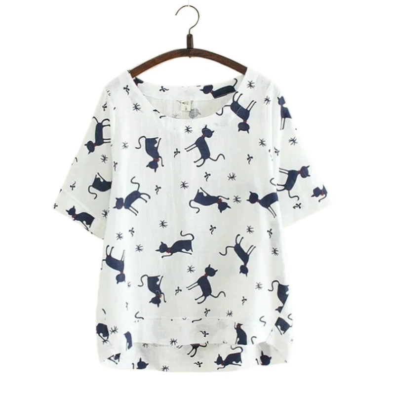 Белая хлопковая льняная футболка Merry Pretty женская летняя рубашка с принтом