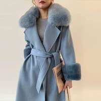 womens winter wool coat with genuine fox fur collar korean style large size woman real mink fur cuff cardigan jacket with belt