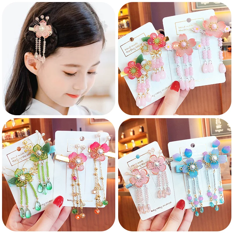 

2 Pcs/Set Children Cute Tassel Pendant Acrylic Flower Ornament Hair Clips Girls Lovely Barrettes Hairpins Kids Hair Accessories