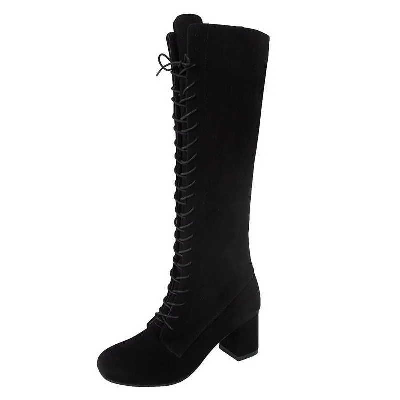2021 New Winter Warm Velvet Front Lace-up Long Shoelaces Thick Heel High Heel Round Toe High Tube Women's Boots