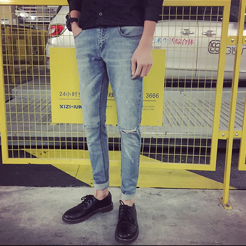 Отбеливающие Мужские джинсы в Корейском стиле эластичные штаны повседневные