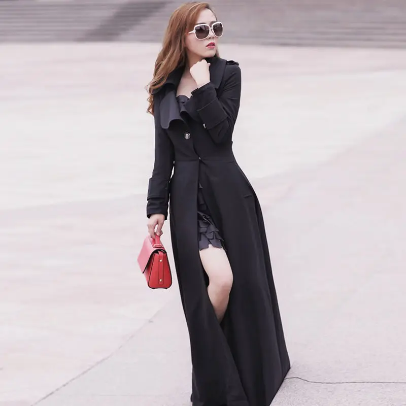 

2021 Spring Autumn New Korean Fashion Slim Windbreaker Coat Female Lapel Single Button Large Size Xlong Trench Jacket Y798