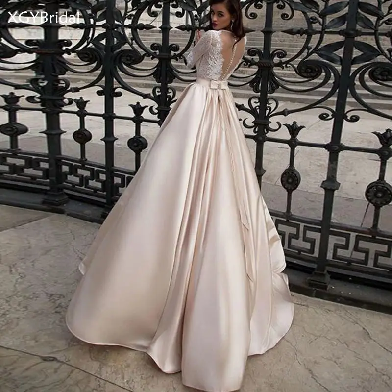 

New Arrival Bridal Elegant Satin Wedding Dresses With Pocket Champagne 2021 Vestidos Noiva Lace Gowns Bride Dress