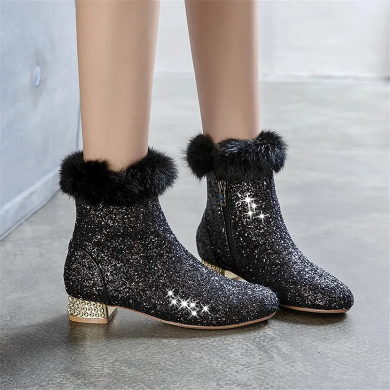 

2019 Bling Bling Upper Ladies Ankle Boots Fur Sequined Fashion Zipper Thick High Heels Square Toe Winter Boots Gold Silver Women