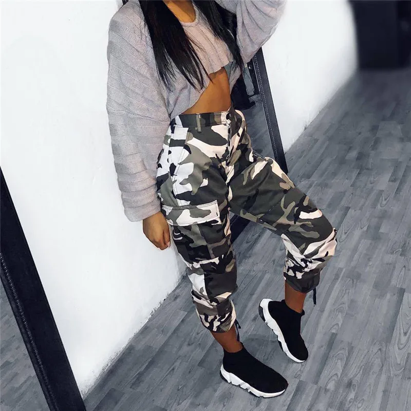 Брюки с высокой талией камуфляжные свободные джоггеры женские шаровары штаны