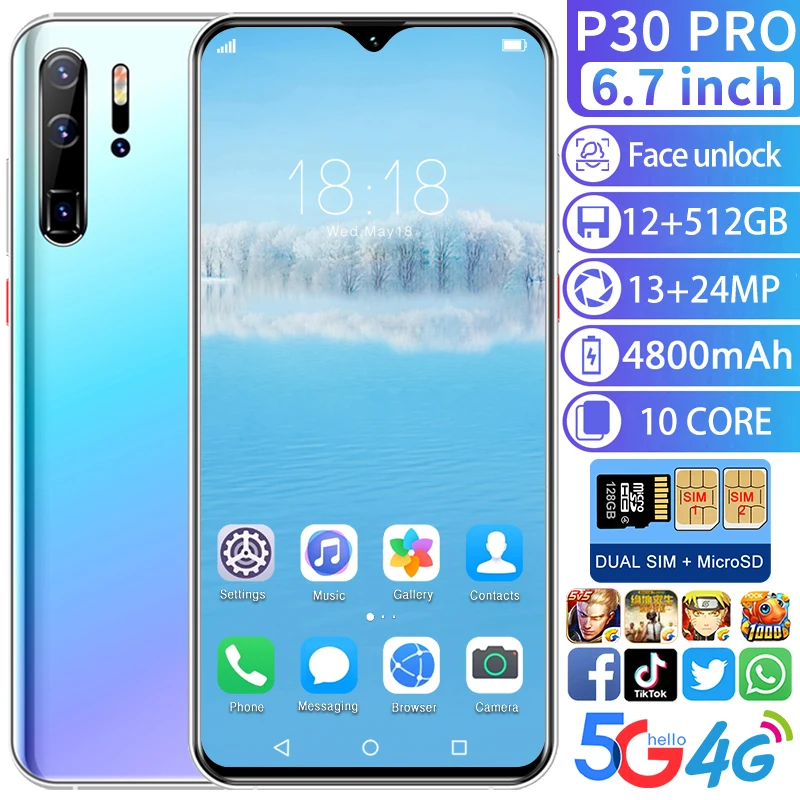 

P30pro 6.7Inch Full Screen Global Version Smartphone Deca Core 4800mAh 12GB 512GB 4G LTE 5G Network Smartphones