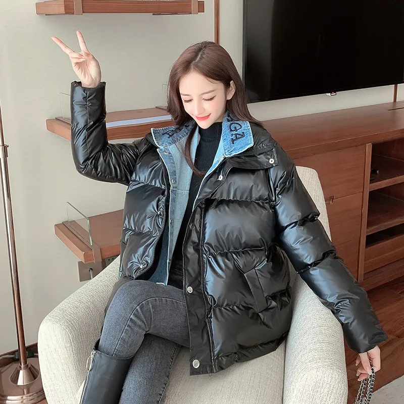 

Fake two bright face down cotton coats for women winter 2020 new loose letter Embroidered Denim stitching cotton clothes fashion