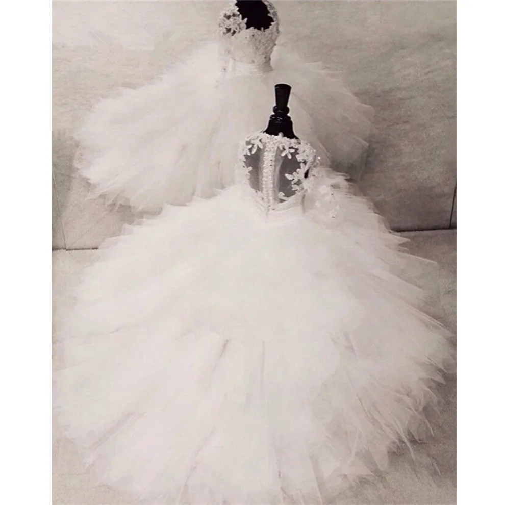 

Formal Pearls Lace Tiered Kids White Flower Girl Dress for Wedding Children Princess Gown Birthday Party First Communion Wear