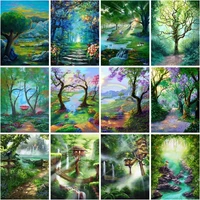 chenistory painting by number green forest scenery kits acrylic handpainted picture by number tree landscape drawing on canvas d