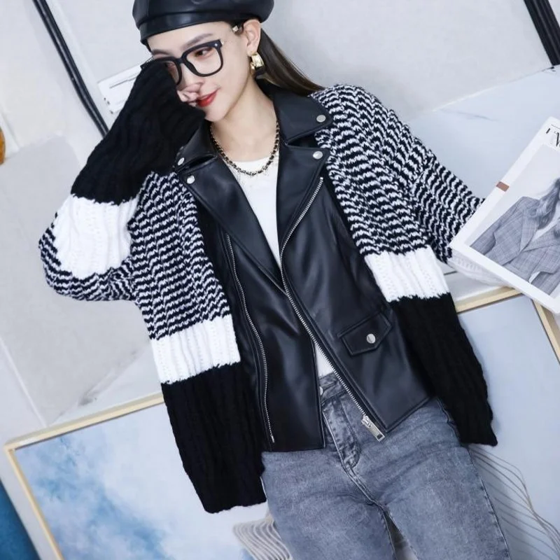 

Genuine female leather jacket, Korean-style loose jacket with zipper and collar with pockets