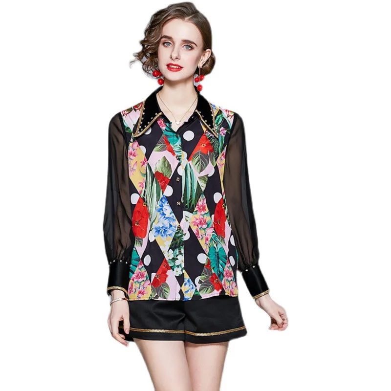 

Women Summer Designer Elegant Office Party Two Piece Set New Female Black Sexy Polka Dot Print Shirt Top + Wide Leg Shorts Set