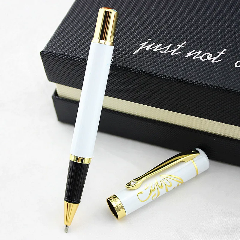 

luxury White gold clip gift box roller pen diamond clip full metal gel pen heavy feel good quality black 0.5mm refills