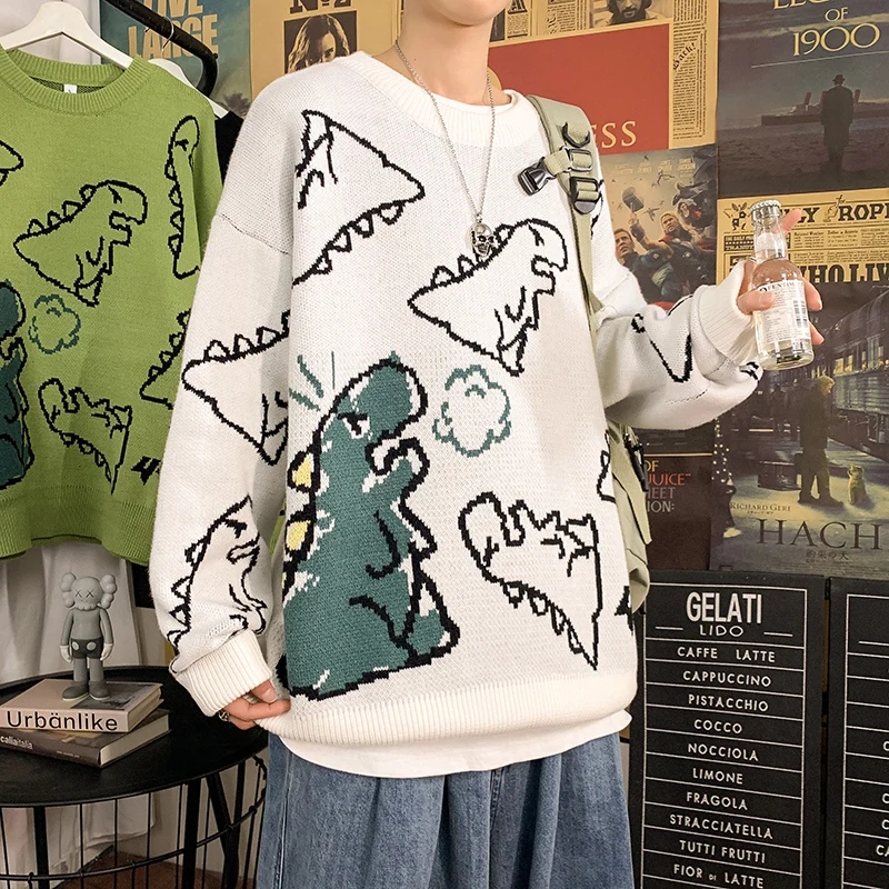 Мужской вязаный свитер в стиле Харадзюку с круглым вырезом и мультяшным