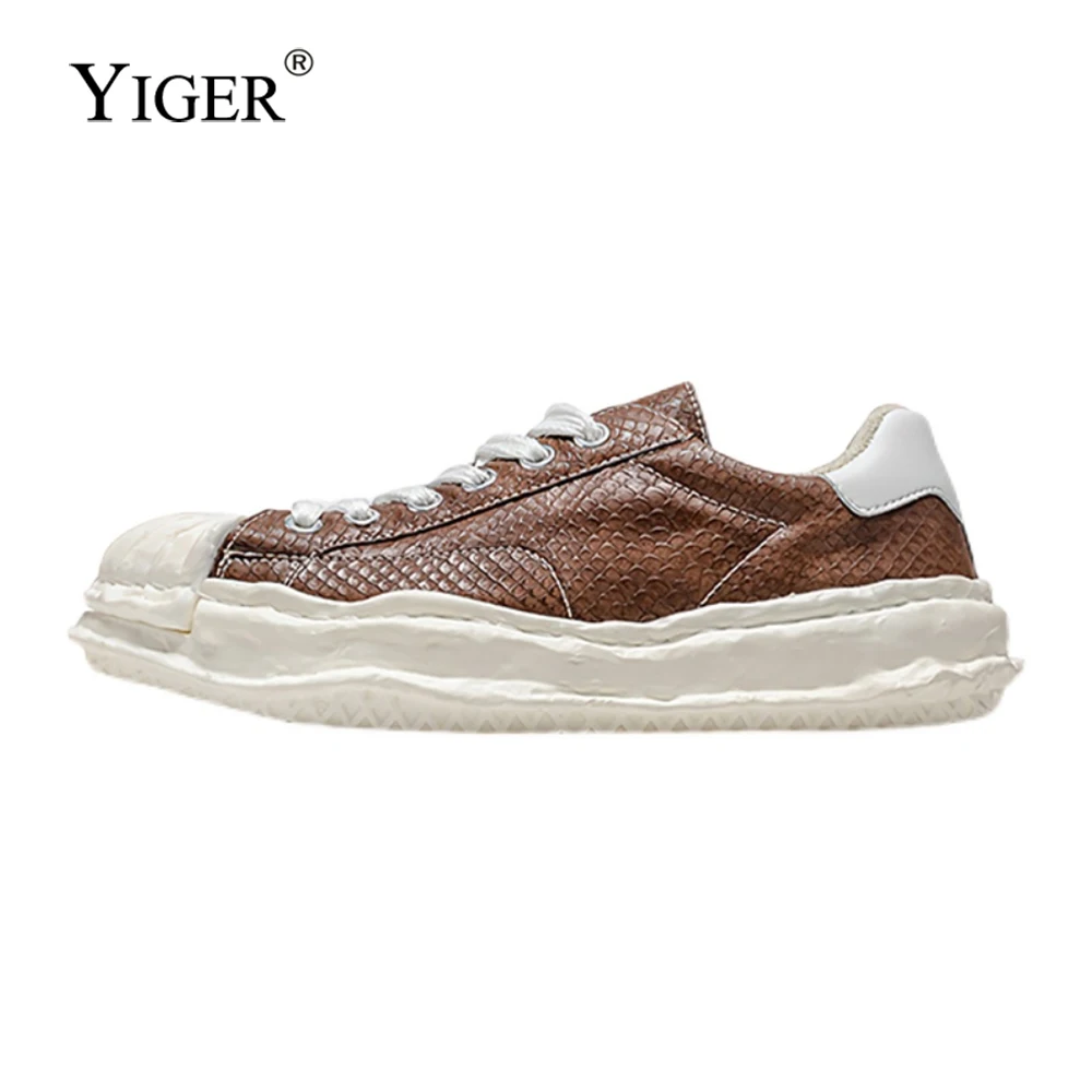

YIGER Couple Shoes Men's Sneakers Casual shoes Brand Gesign Lace up Snakeskin leather Japanese and Korean Low top Board shoes