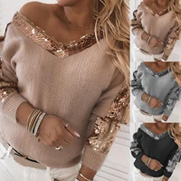 autumn winter women sexy v neck long sleeve sweater sequins one shoulder jumpers