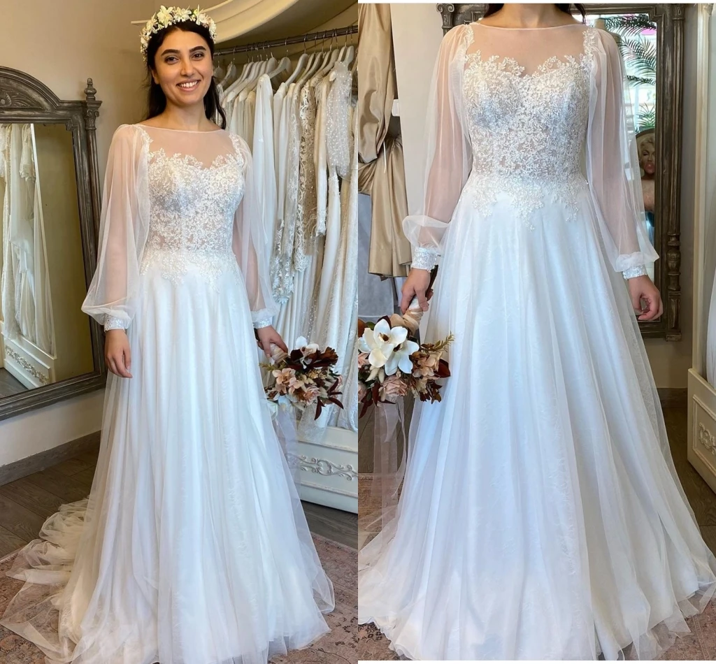 

Tulle Long Sleeve Wedding Dress Sweetheart Neckline A Line Floor-length Skirt vestidos de novia Bridal Applique Wedding Dresses