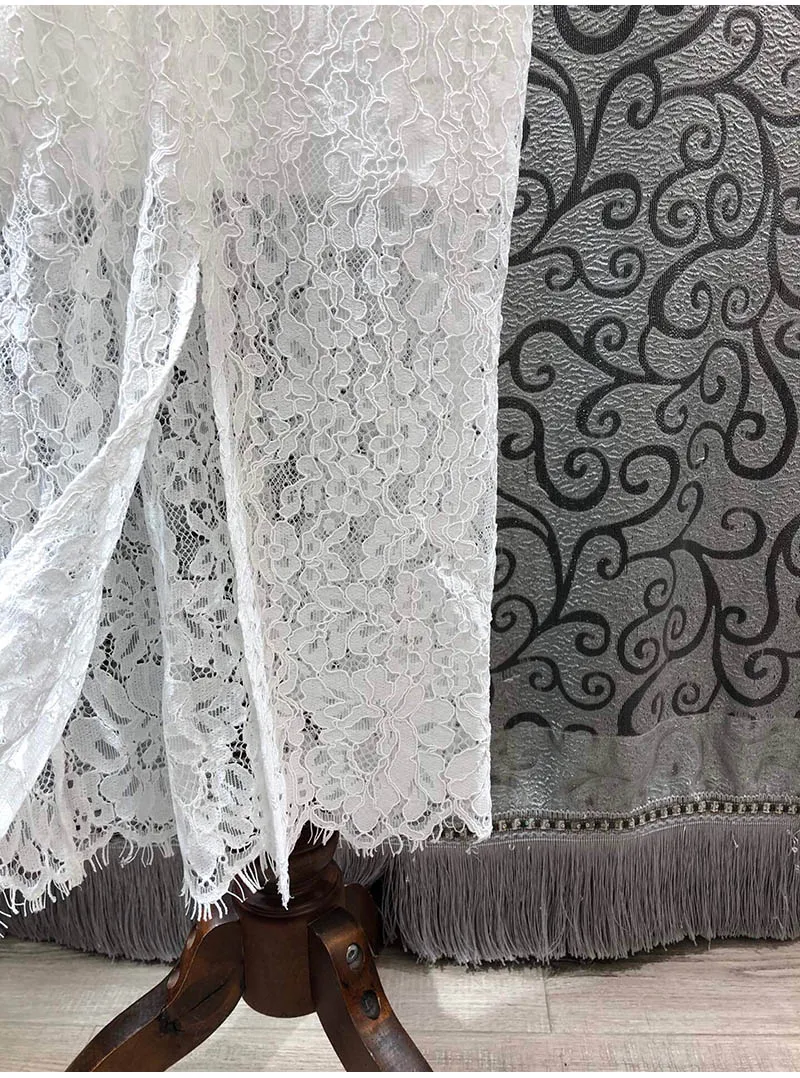 

Dress 2021 Lace Spring Summer Fashion Style Women V-Neck Sequined Beading Deco Long Sleeve Midi Party Ladies Dresses White
