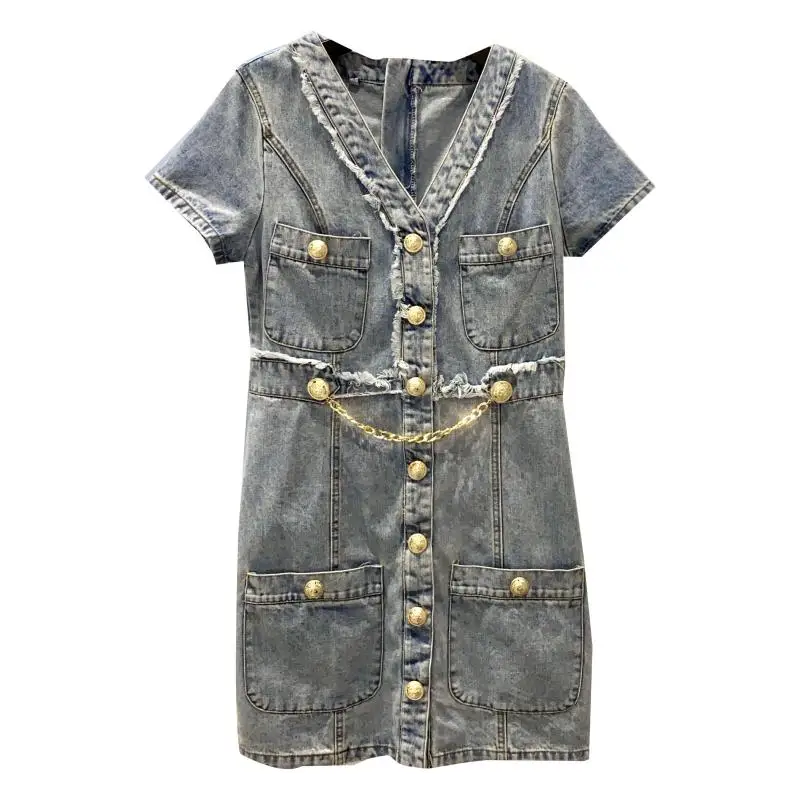 

2020 Metal Buckle Chain Denim Dress Vintage Single-breasted Denim Women Dress