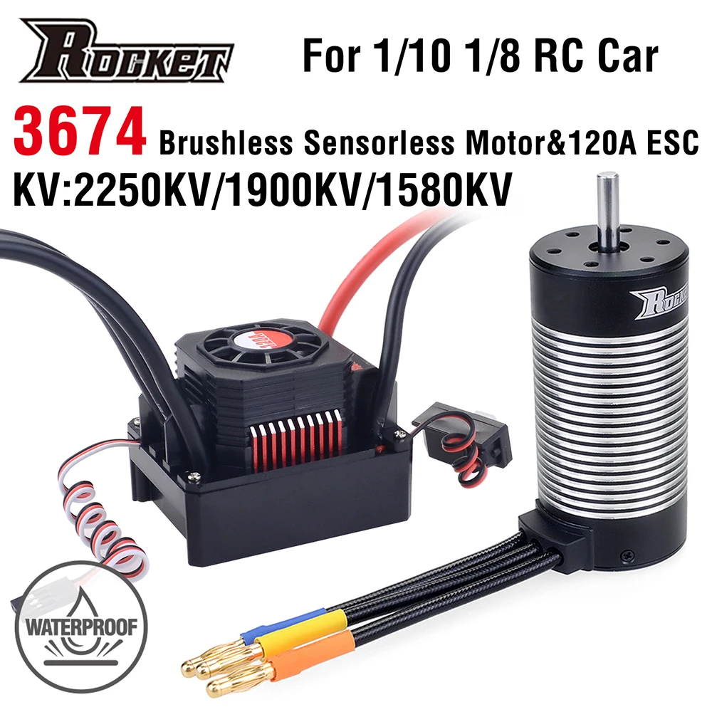 

Rocket 3674 Waterproof Brushless Sensorless Motor 2250KV 1900KV 1580KV w/120A ESC for 1/8 1/10 RC Car