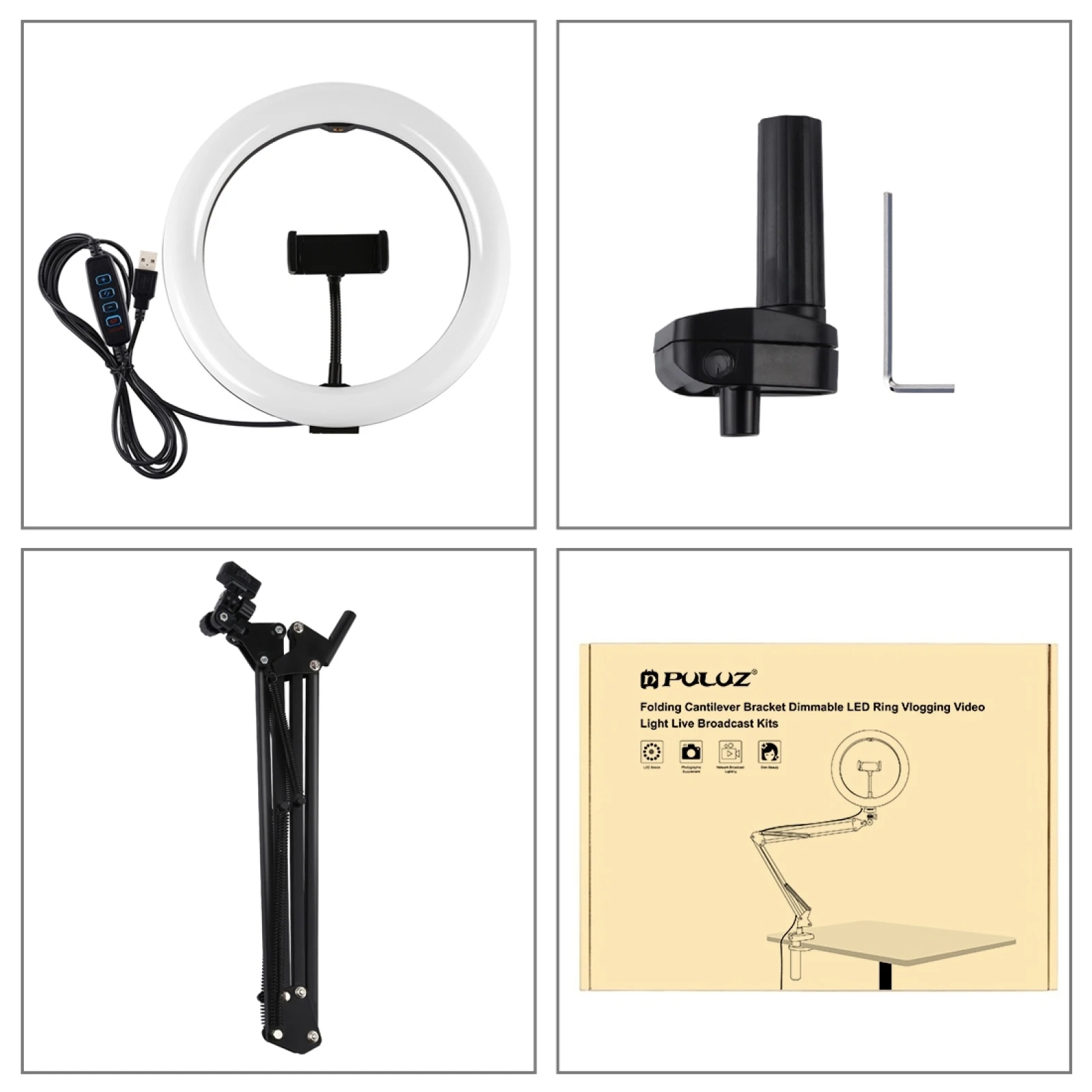 

PULUZ-Anillo de luz LED regulable para selfis, lmpara de 10,2/7,9 pulgadas con brazo ajustable para escritorio, USB, Vlogging, f