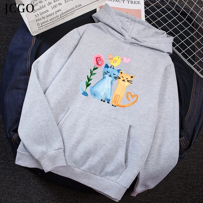 Женские толстовки осень зима Повседневный пуловер Модные кошки с цветочным