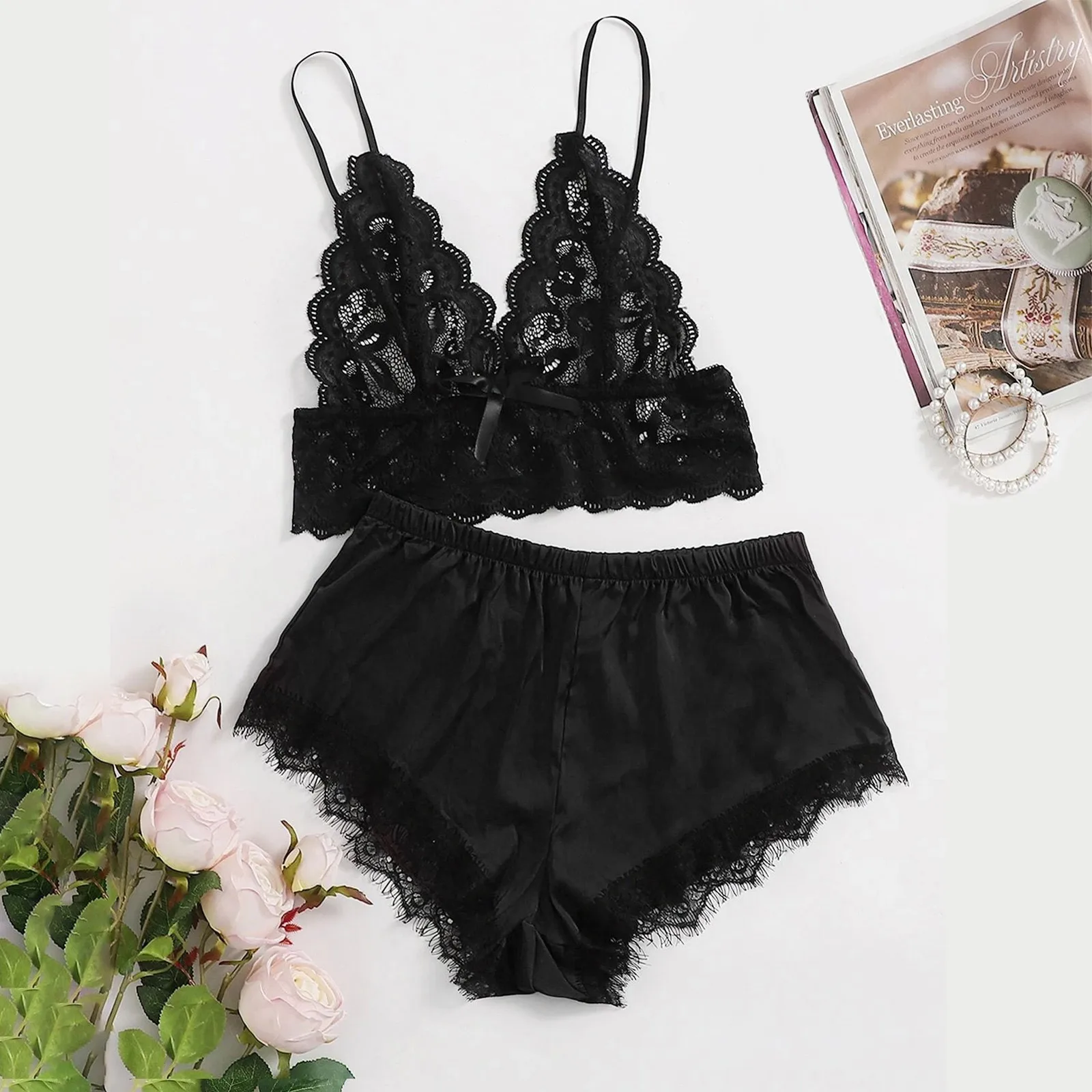 

Women's Sleepwear Sexy feminino Pyjama Set Lace Lingerie Set Sleeveless Cami Top And Silk Shorts Fashion Sleepwear pijama mujer
