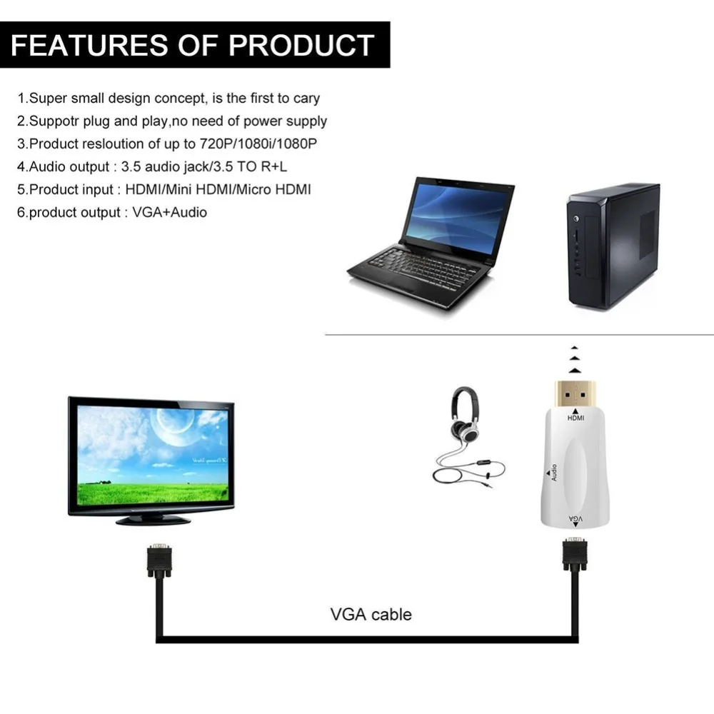 Адаптер видеопреобразователя 1080 мм с разъемом HDMI на гнездо VGA 3 5 p для ПК RF |