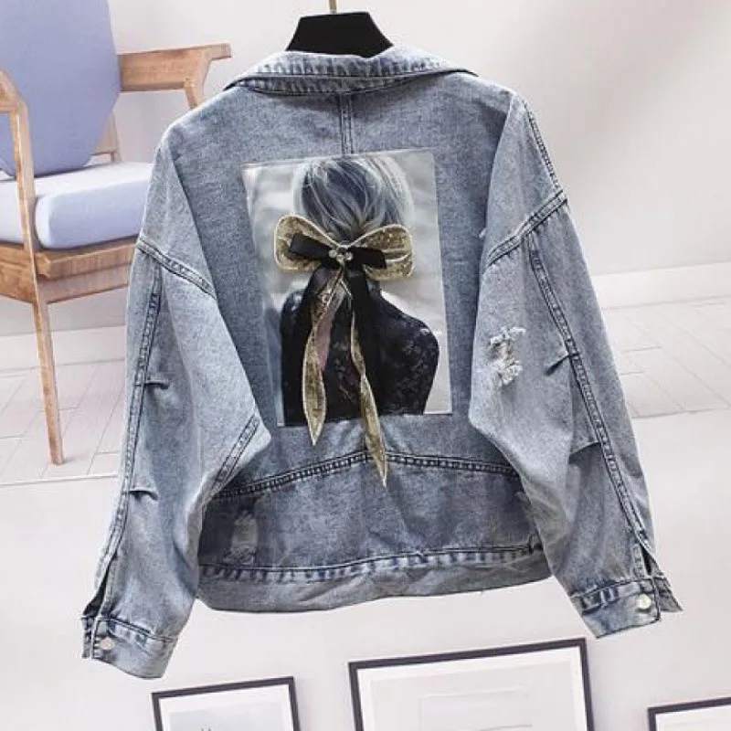 

Jackets For Women Girl Printed Blue Denim Jacket Casual Fall Coat Female Long Sleeve Normal Jeans Coats Outerwear W006