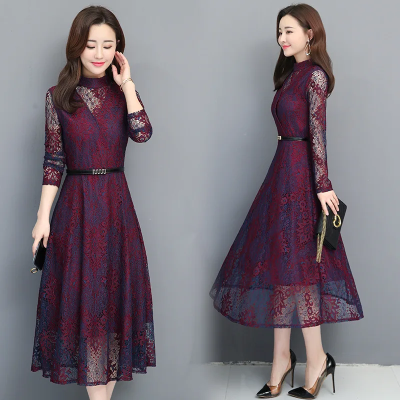 

Real shot spot new long-sleeved lace slim temperament fashion lady dress