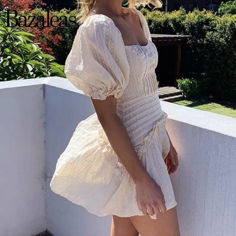 Женское винтажное платье с рюшами Bazaleas белое в стиле ретро коротким рукавом и