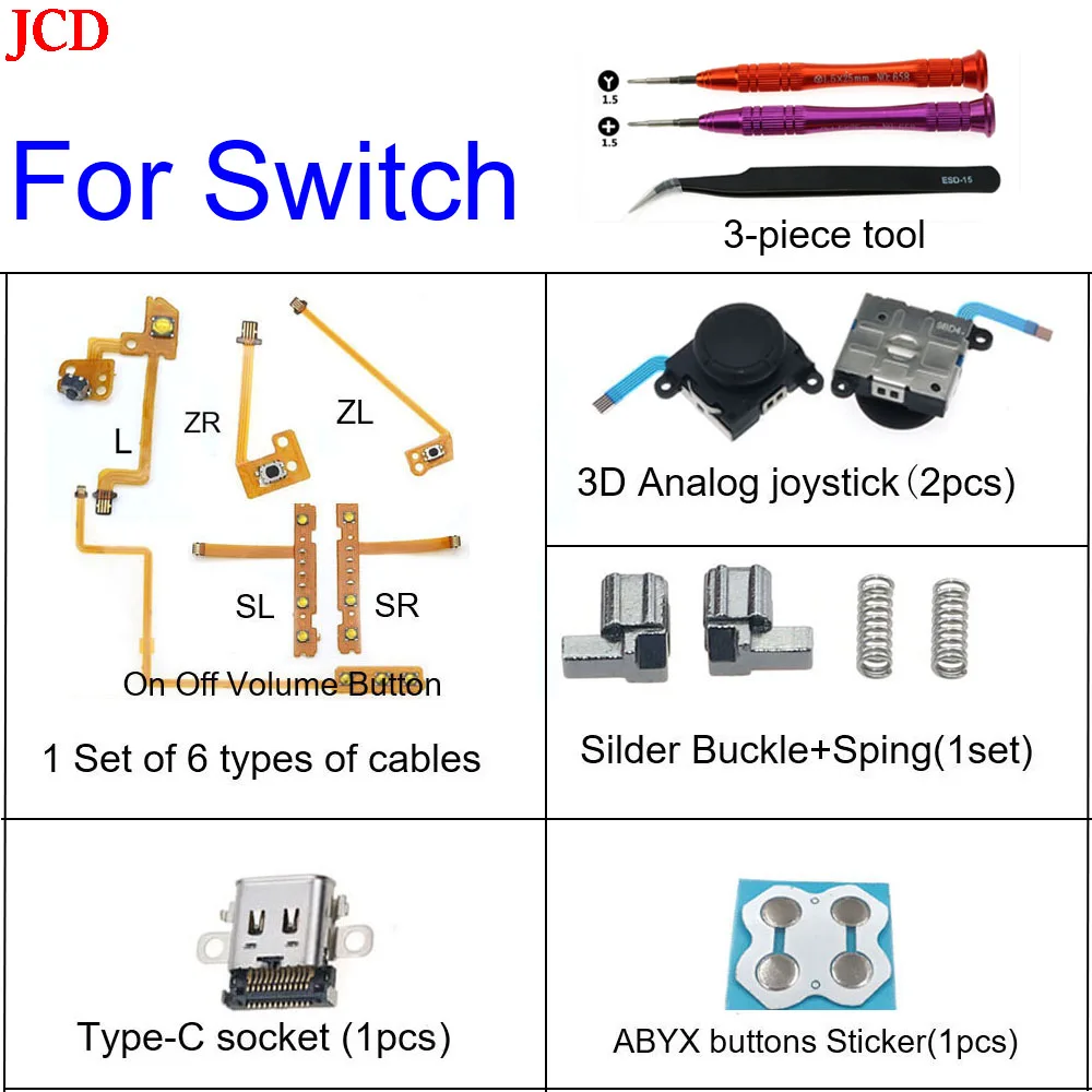 

1Set Joy-Con Replacement ZL ZR L SL SR On Off Volume Button Key Cable Nintend Switch NS JoyCon Controller & type-C socket & Tool