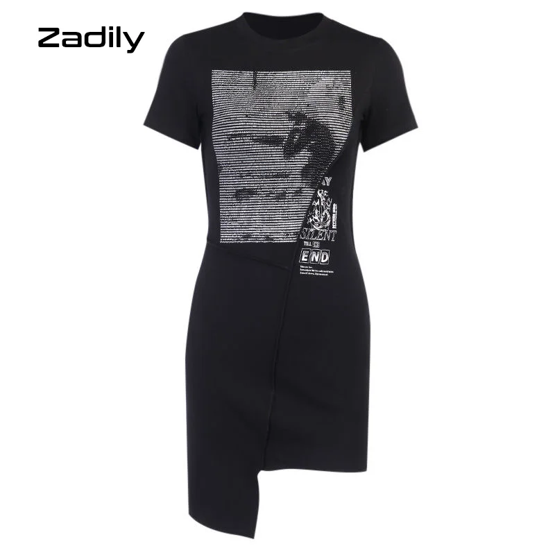 

Zadily Y2K Short Sleeve Asymmetrical Letter Printed Mini Dress For Women 2021 Summer Gothic Style Black Bodycon Cotton Dresses