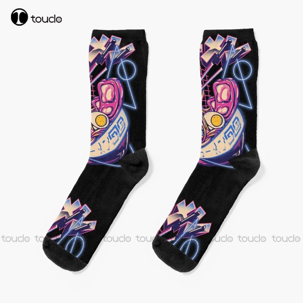 Retrowave Ramen Retrowave With Geometric Neon Elements Udon I Love Noodles Vaporwave Sun The Great Wave Off Synth Outrun Socks
