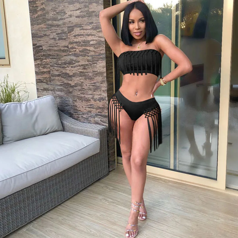 Черный купальник с бахромой комплект бикини из двух предметов Женский Топ без