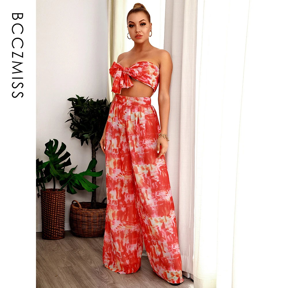

Emerald Red Flared Pants Sets Women Tie-Dye Changeable Straps Sexy Two Pieces Sleeveless High Waist Party Bow Female Suits