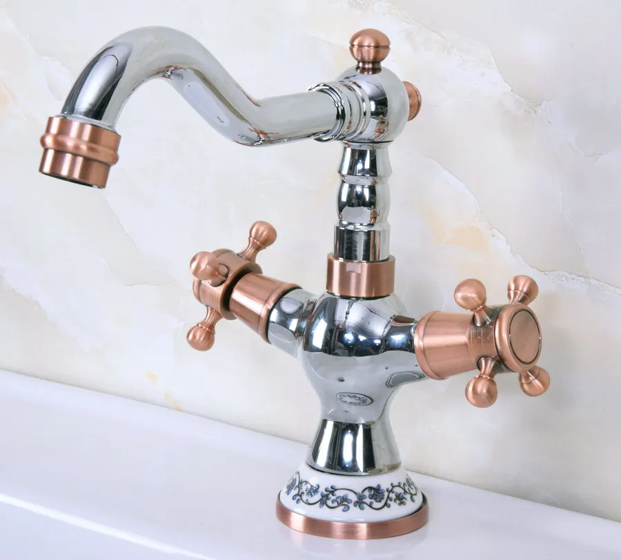 

Basin Faucets Polished Chrome Red Copper Double Cross Handles Bathroom Sink Faucet Swivel Spout Vanity Mixer Taps tnf901