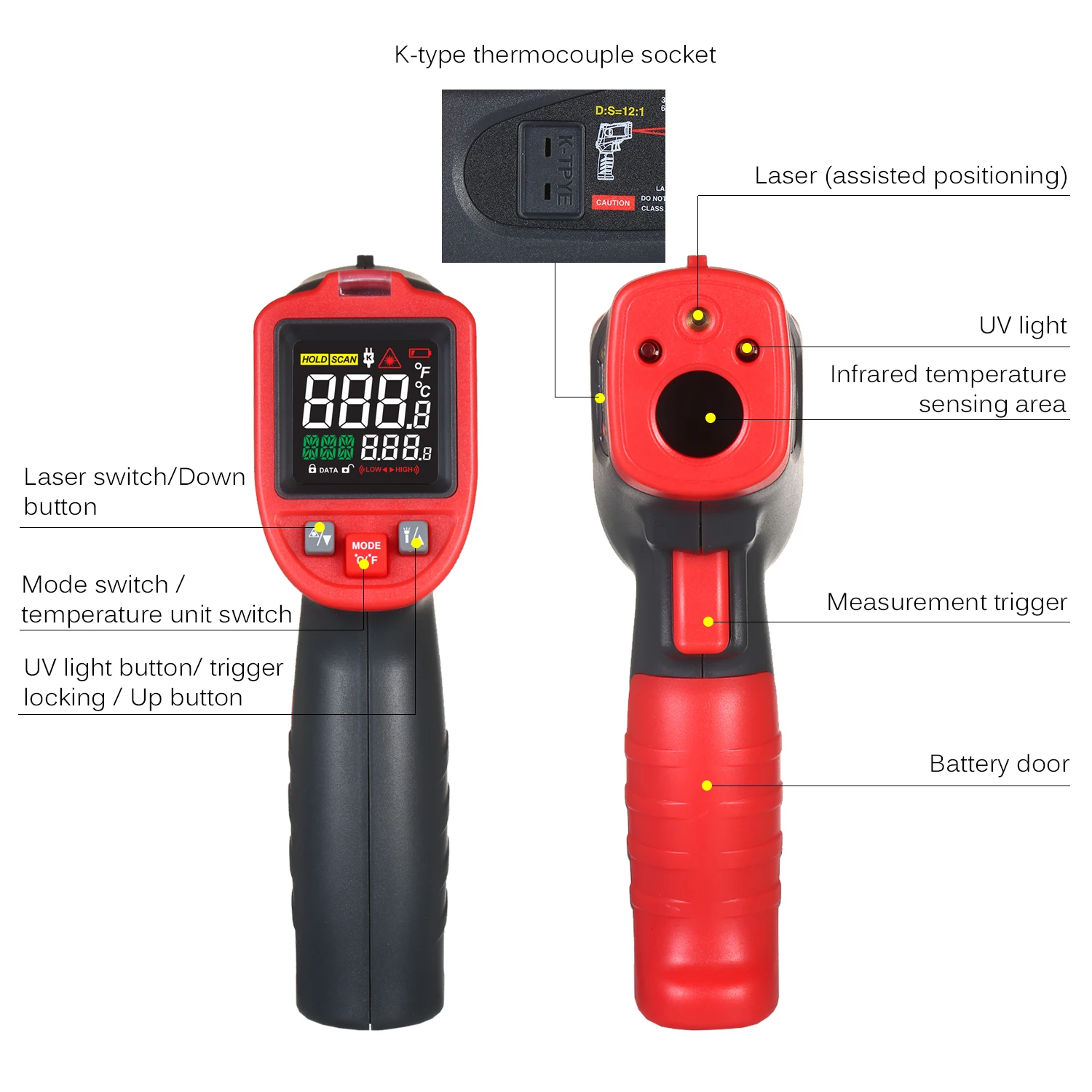Инфракрасный промышленный термометр с термопарой типа K инфракрасный