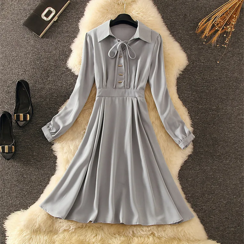 Короткий стиль осень 2019 женское элегантное платье на пуговицах серый бант