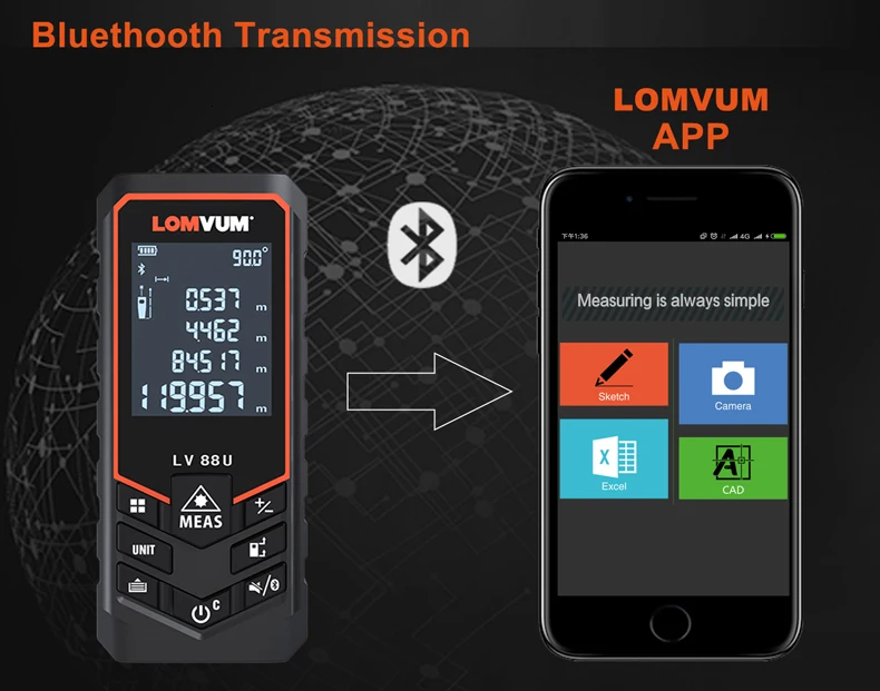 LOMVUM Bluetooth лазерный дальномер USB Перезаряжаемый цифровой лазерный дальномер ручной 120 м 100 м 80 м 50 м электрическое выравнивание