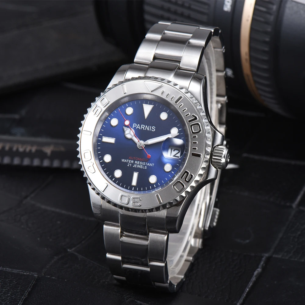 

Fashion Parnis 40MM Blue Dial Automatic Men Watch Stainless Steel Strap Sapphire Glass Miyota 8215 Mechanical Movement Watches
