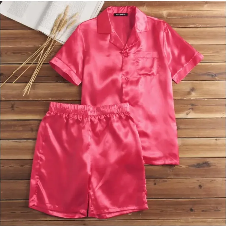 

Men Fahion Summer 2Pcs Pajamas Suits Sets Satin Silk Short Sleeve Sleepwear Nightwear Homewear Tops+pants