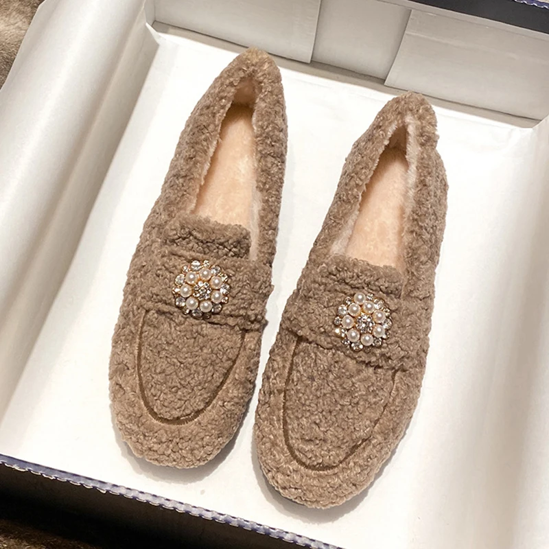 

Winter High Quality Lamb Wool Keep Warm Women's Flat Shoes Pearl Flowers Slip-on Loafers Solid Color Fluffy Casual Ladies Shoes