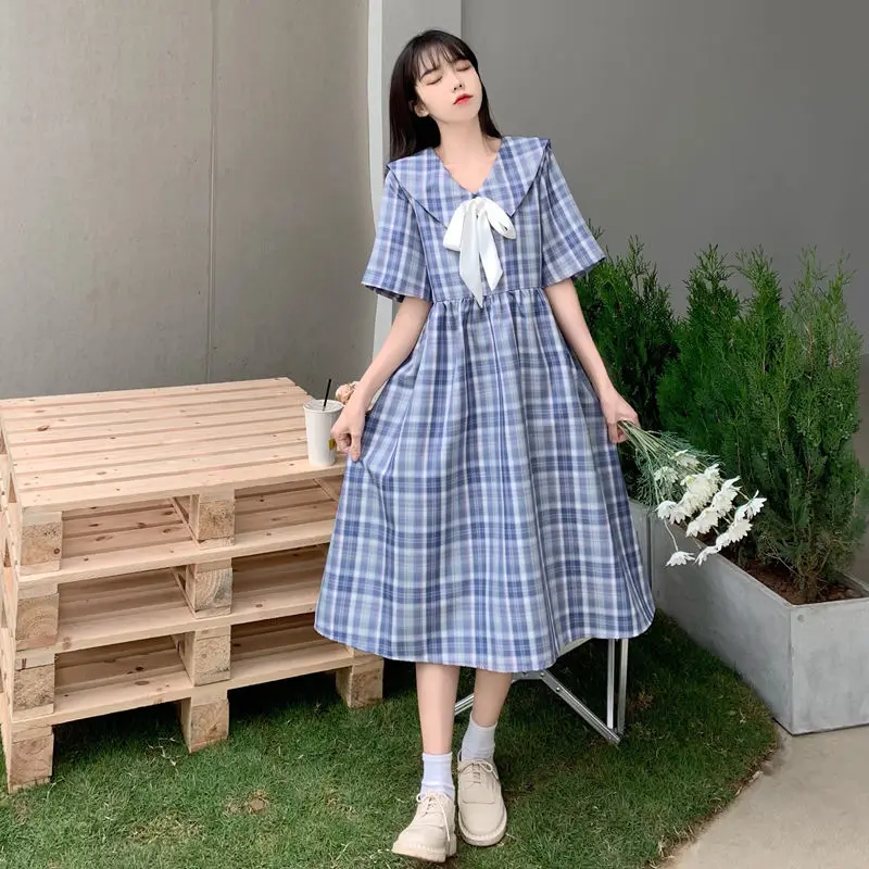 

Bow summer new navy collar Plaid Dress student Japanese girl sweet College Fengsen A-line skirt