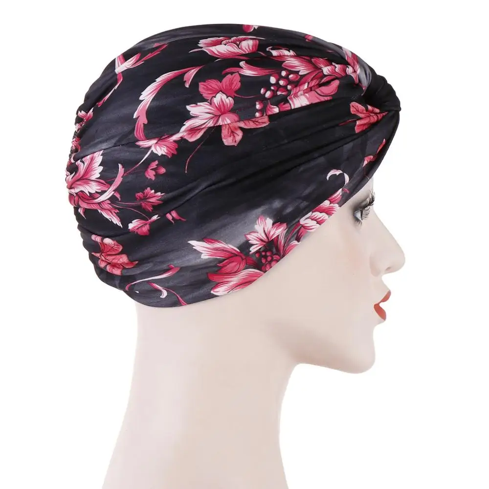 

Fashion Muslim Flower Print Turban For Women Twist Hijab Caps Islamic Female Forehead Cross Head Wraps Indian Hat Turbante Mujer