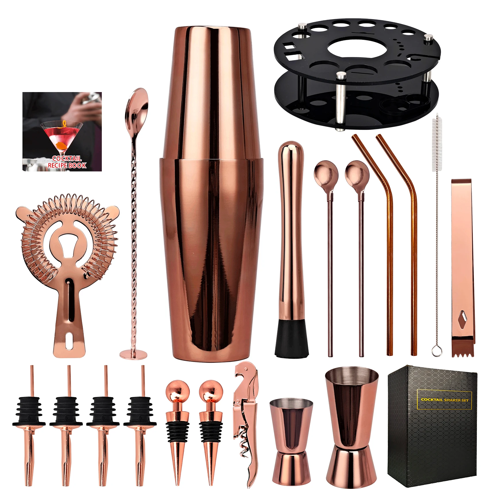 Kit de barman, juego de coctelera de oro rosa de 20 piezas con soporte acr&iacute;lico giratorio, para bebidas mezcladas, Martini, hogar, Bar-2