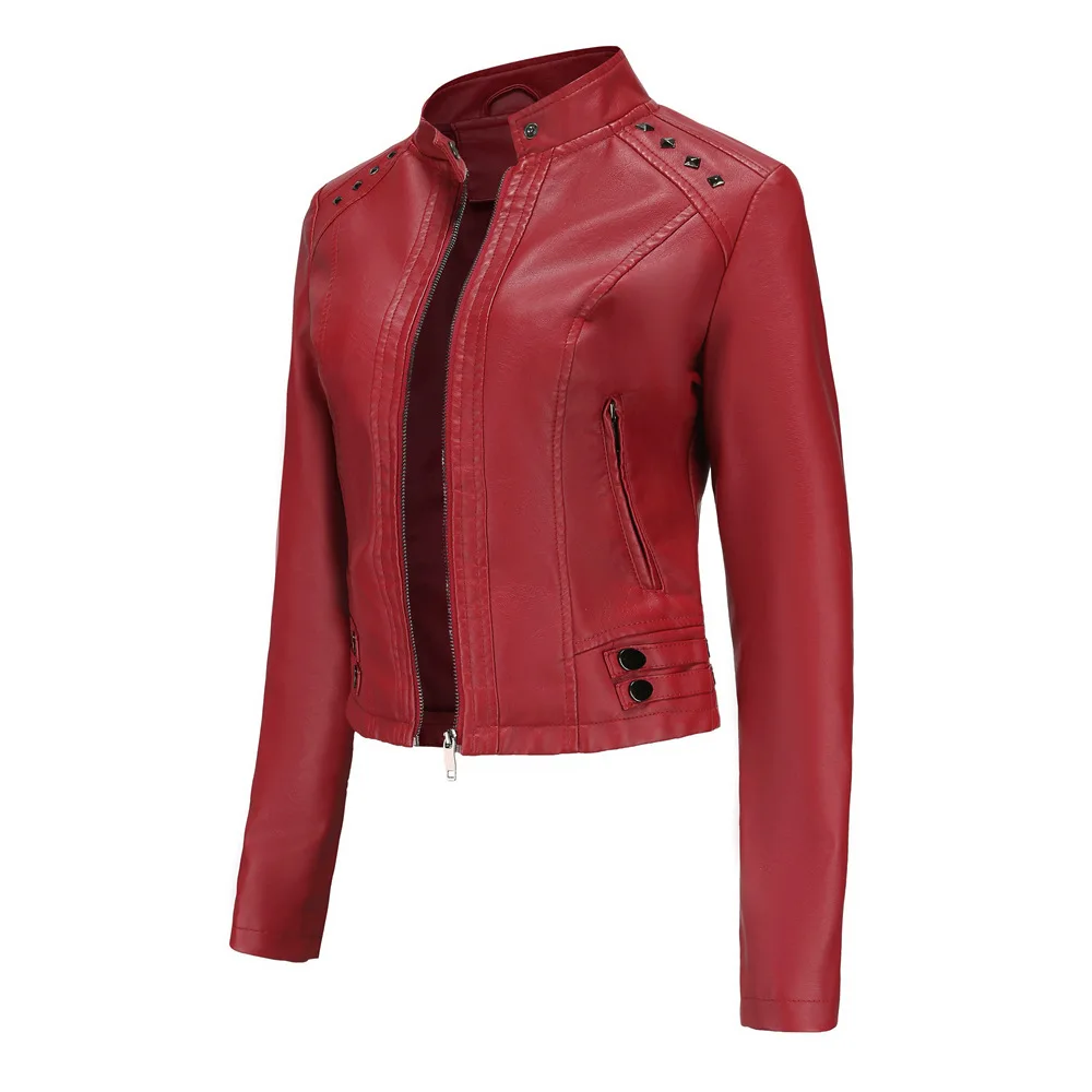 2021 New Spring Autumn Rivet Leather Lacket Women Slim Short Motor Biker Coat  Sexy  PU Outwear